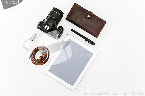 Image of Still life of casual man. Modern male accessories and laptop
