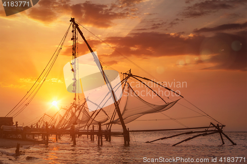 Image of Chinese fishnets on sunset. Kochi, Kerala, India