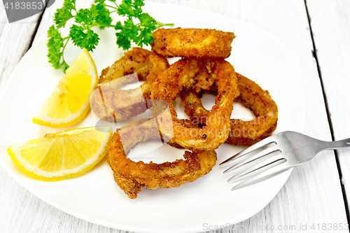 Image of Calamari fried with lemon in plate on board