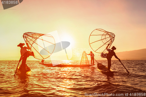 Image of  Traditional Burmese fisherman at Inle lake, Myanmar