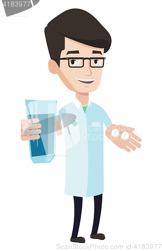 Image of Pharmacist giving pills and glass of water.