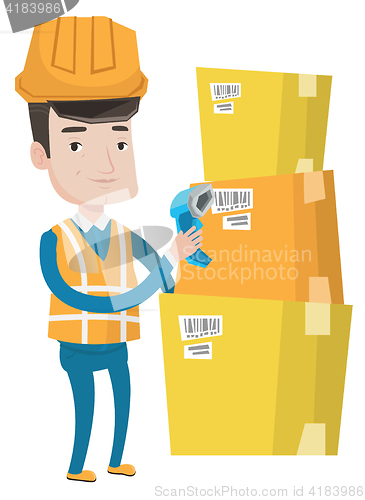 Image of Warehouse worker scanning barcode on box.