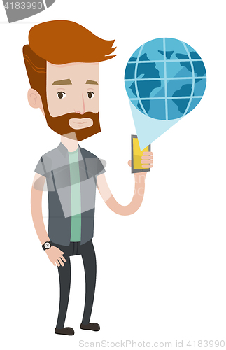 Image of Man holding smartphone with virtual globe model.