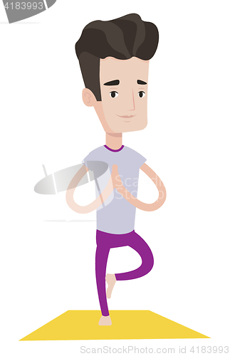 Image of Man practicing yoga tree pose vector illustration.