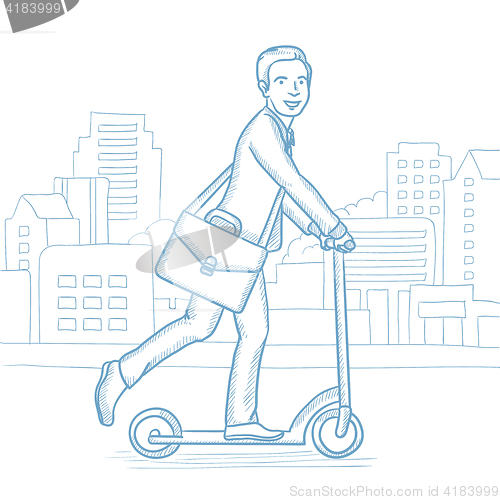 Image of Man riding kick scooter in the city street.