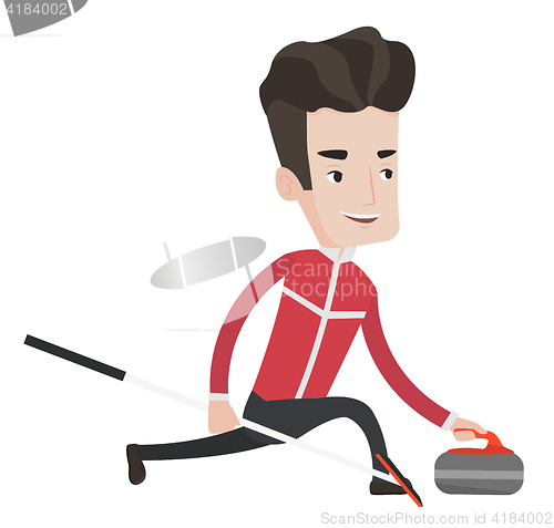 Image of Curling player playing curling on curling rink.