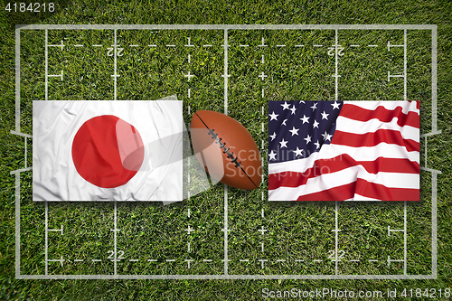 Image of Ireland vs. Scotland\r\rJapan vs. USA flags on rugby field