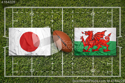 Image of Ireland vs. Scotland\r\rJapan vs. Wales flags on rugby field