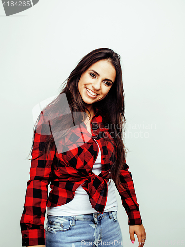 Image of young happy smiling latin american teenage girl emotional posing on white background, lifestyle people concept 