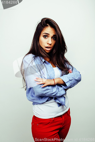 Image of young happy smiling latin american teenage girl emotional posing on white background, lifestyle people concept 