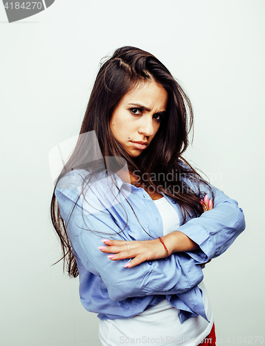 Image of young happy smiling latin american teenage girl emotional posing on white background, lifestyle people concept 