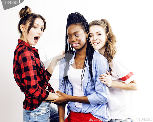 Image of diverse multi nation girls group, teenage friends company cheerful having fun, happy smiling, cute posing isolated on white background, lifestyle people concept, african-american and caucasian 