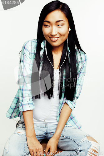 Image of young pretty asian woman posing cheerful emotional isolated on white background, lifestyle people concept