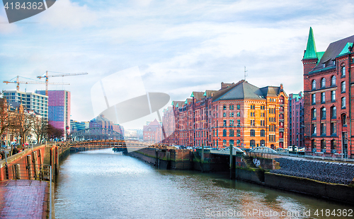 Image of Hamburg city canal and red brick buildings