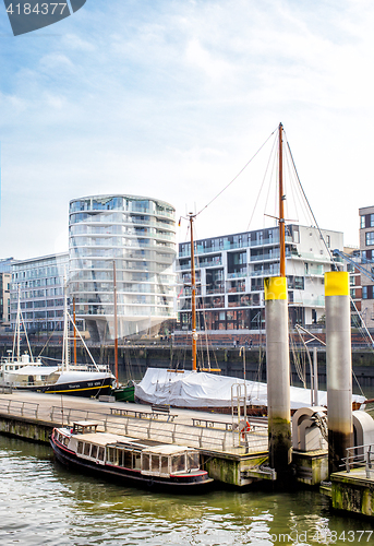 Image of view of Hamburg port and modern buildings