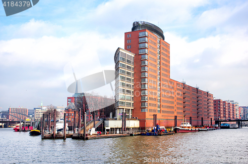 Image of panoramic view of red brick Hamburg buildings