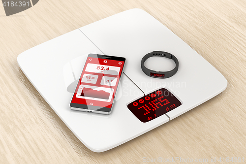 Image of Weight scale, smartphone and activity tracker