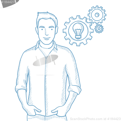 Image of Man with business idea bulb in gear.