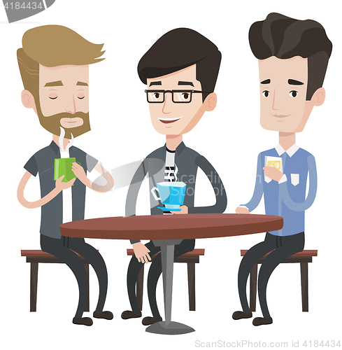 Image of Group of men friends drinking in cafe.