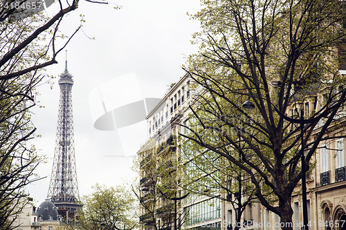 Image of french paris street with Eiffel Tower in perspective trought trees, post card view