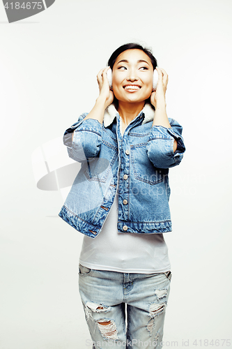 Image of young pretty asian woman posing cheerful emotional isolated on white background, lifestyle people concept