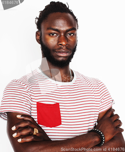 Image of young handsome afro american boy gesturing emotional isolated on white background smiling, lifestyle people concept close up