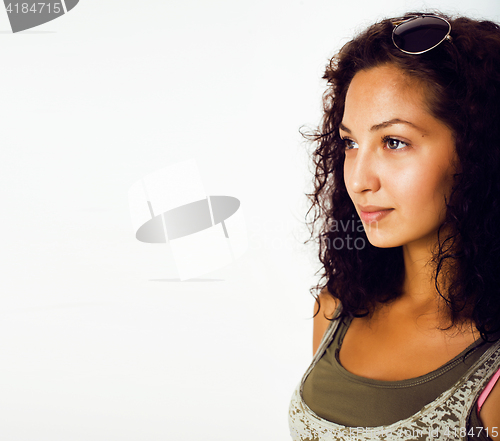 Image of young pretty stylish hipster girl posing emotional isolated on white background happy smiling cool smile, lifestyle people concept 
