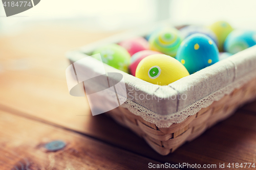 Image of close up of colored easter eggs in basket