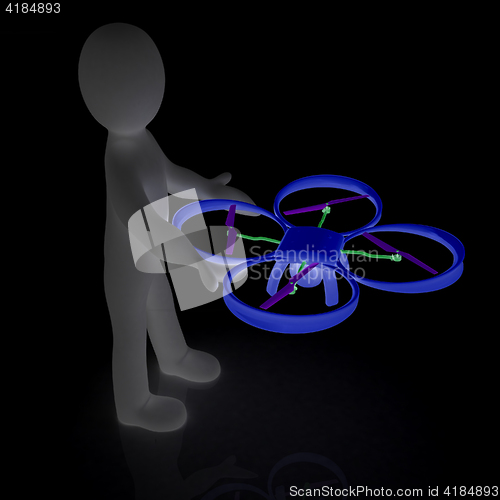 Image of 3d man with drone, quadrocopter, with photo camera. 3d render. 3