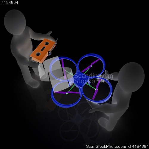 Image of 3d man with drone, quadrocopter, with photo camera. 3d render. 3