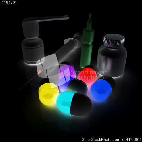 Image of Syringe, tablet, pill jar. 3D illustration