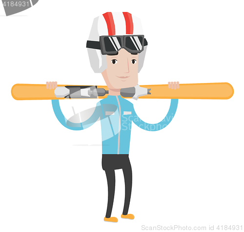 Image of Sportsman holding skis vector illustration.