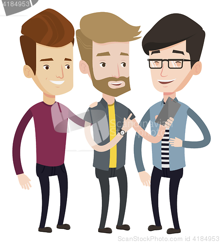 Image of Three smiling friends looking at mobile phone.