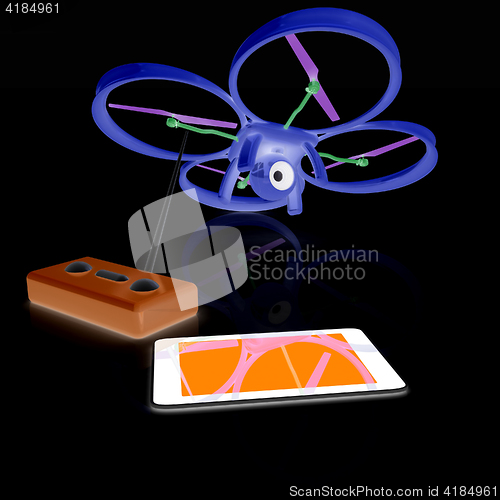 Image of Drone, remote controller and tablet PC