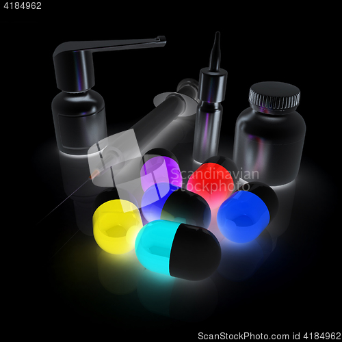 Image of Syringe, tablet, pill jar. 3D illustration