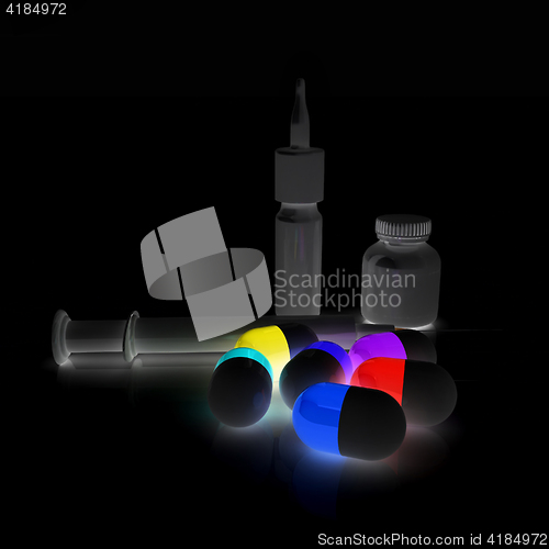 Image of Syringe, tablet, pill jar. 3D illustration