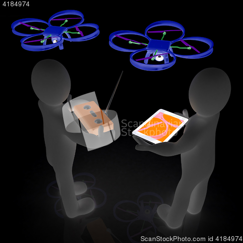 Image of 3d white people. Man flying a white drone with camera. 3D render