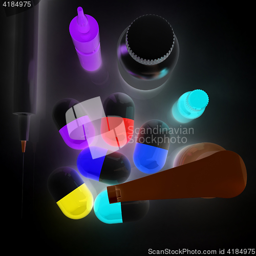 Image of Syringe, tablet, pill jar. 3D illustration