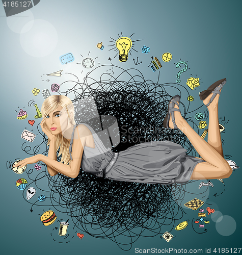 Image of Blonde in pink lies on a floor