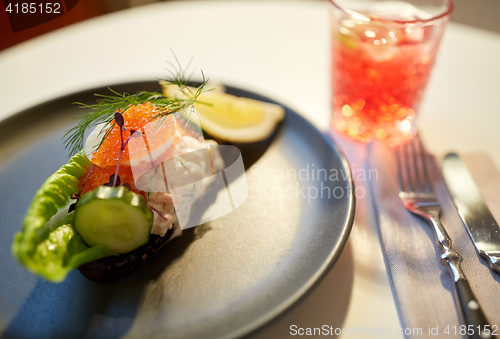 Image of close up of toast skagen with caviar and bread