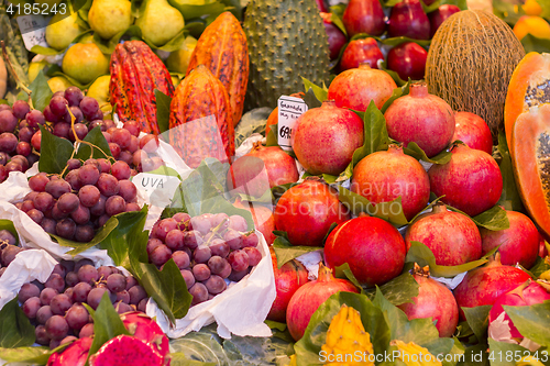 Image of Many various Fresh fruit at a market stall in Barcelona