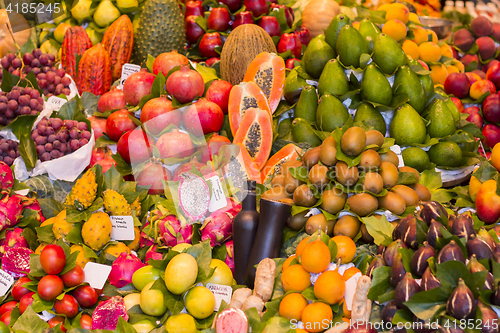 Image of Many various Fresh fruit at a market stall in Barcelona