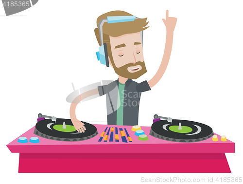 Image of DJ mixing music on turntables vector illustration.