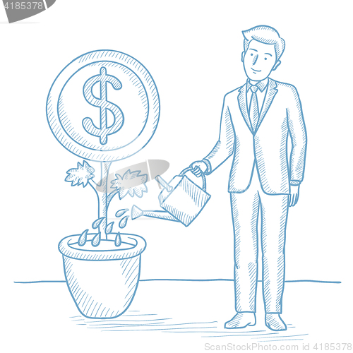 Image of Businessman watering money flower.