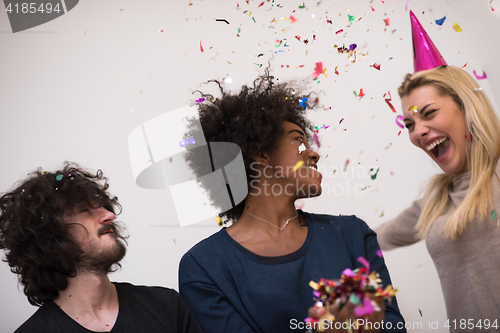 Image of confetti party multiethnic group of people