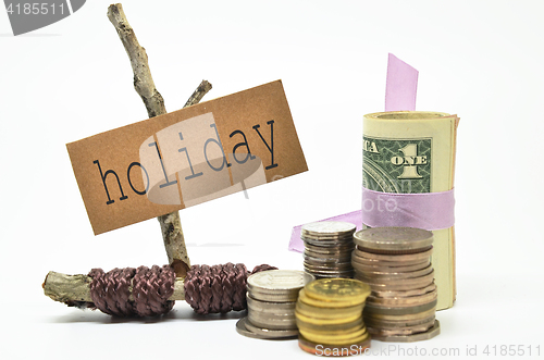 Image of Coins and money with holiday label
