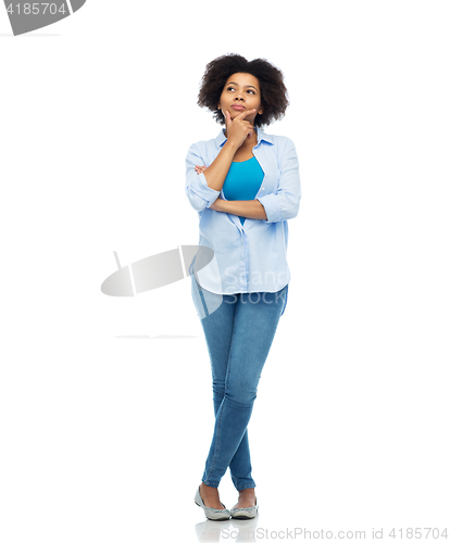 Image of thinking afro american young woman over white