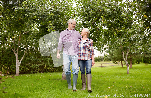 Image of happy senior couple hugging at summer garden