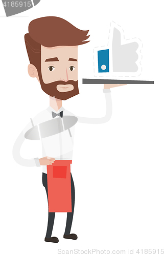 Image of Waiter with like button vector illustration.