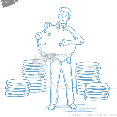 Image of Businessman holding a big piggy bank.